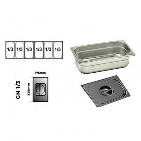 SET DA N. 6 BACINELLE INOX CON COPERCHIO GN 1/3 mm. 265x162x150 per mod. Q008